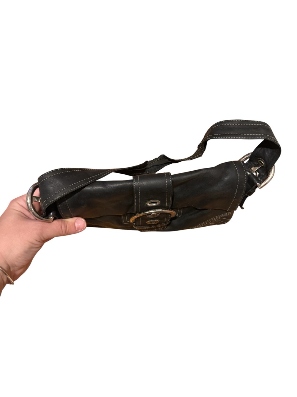 Coach Classic Black Leather Shoulder Bag with Distinctive Buckle - Picture 2 of 8